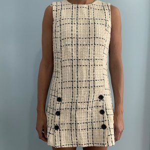 Tan Mini Dress w/ Black and White Plaid + Buttons